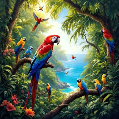 The primary subject of the image is a group of colorful birds, including parrots, perched on tree branches. The birds are sitting on the branches, and some are even sitting on a tree trunk. The setting is a lush, tropical environment with a backdrop of a beautiful blue ocean. The visual style of the image is a digital art or illustration, with vibrant colors and a detailed, realistic appearance. The overall atmosphere of the image is lively and full of energy, as the birds are enjoying
